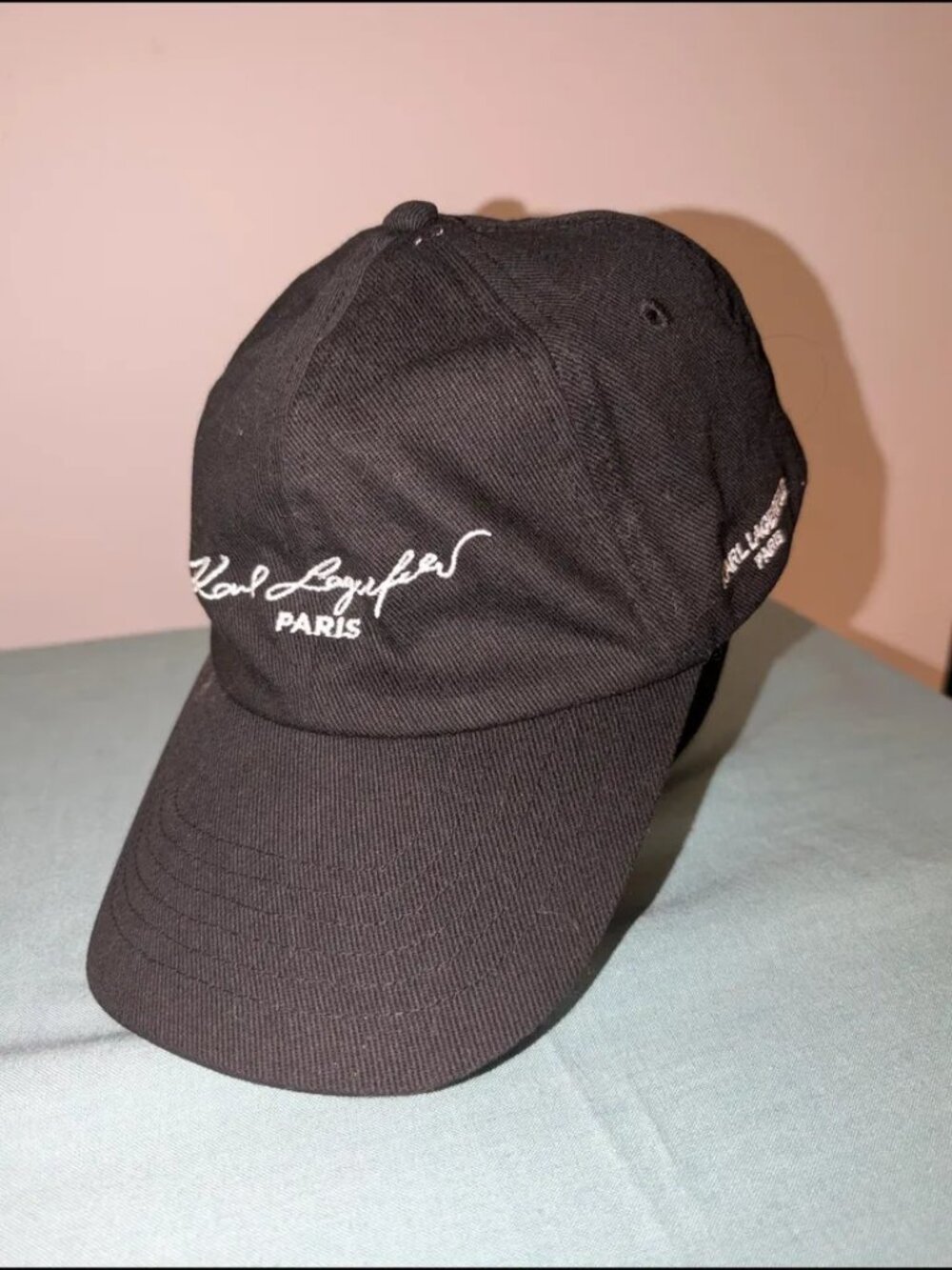 Karl Lagerfeld Paris Black Baseball Cap with White Script Logo